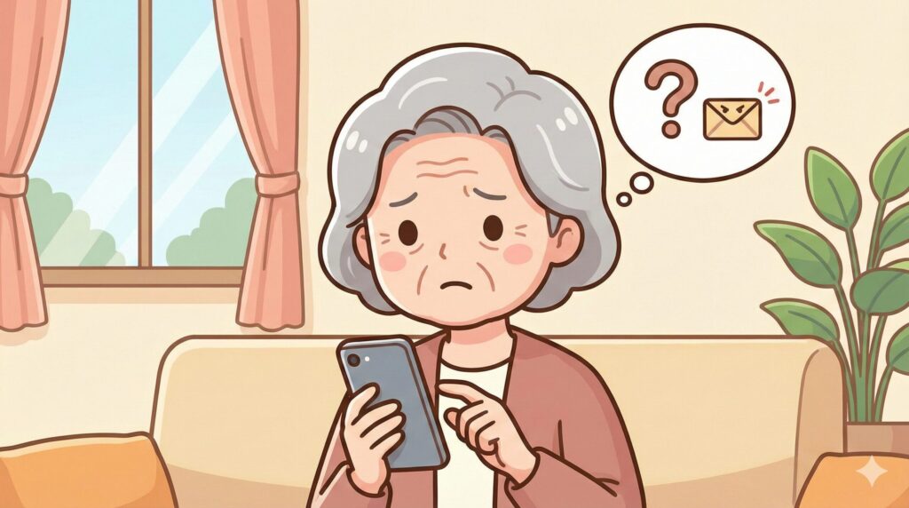 LINEに知らない人からメッセージが届き、スマホを見て困惑している高齢の女性。