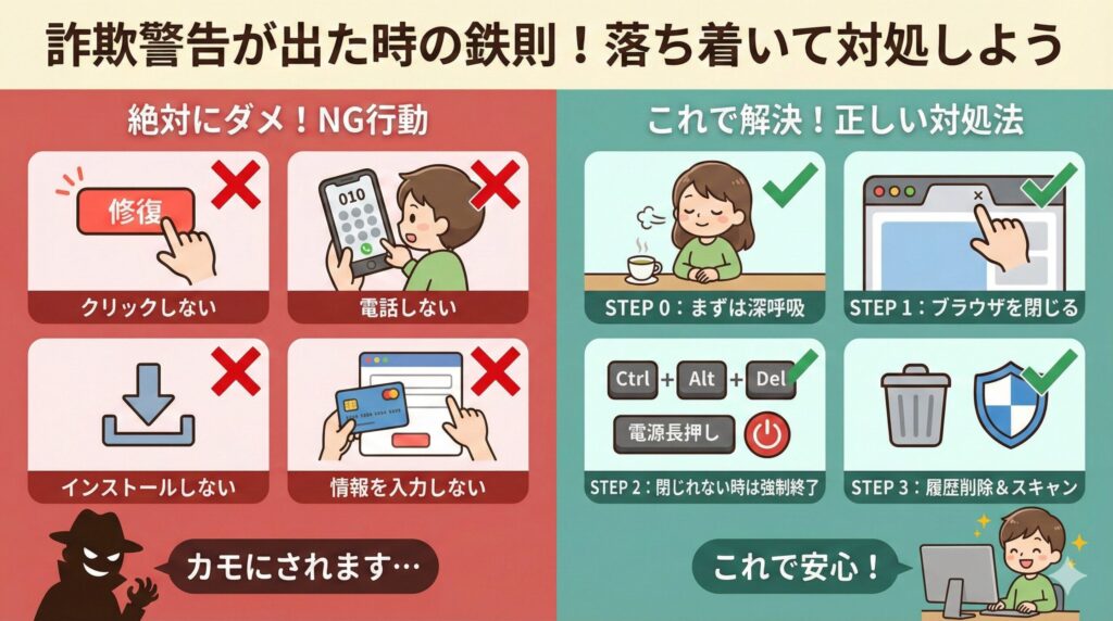 詐欺警告が出た時の対処法図解。左側の赤いエリアは「絶対にダメ!NG行動」としてクリック、電話、インストール、情報入力を禁止。右側の緑のエリアは「これで解決!正しい対処法」として、STEP0深呼吸、STEP1ブラウザを閉じる、STEP2強制終了(キー操作と電源ボタン)、STEP3履歴削除とスキャンの手順を図示。