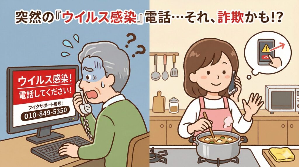 突然の「ウイルス感染」警告画面を見て電話しながらパニックになる高齢男性と、キッチンで落ち着いて電話対応する娘の対比イラスト。「それ、詐欺かも!?」というタイトル文字入り。