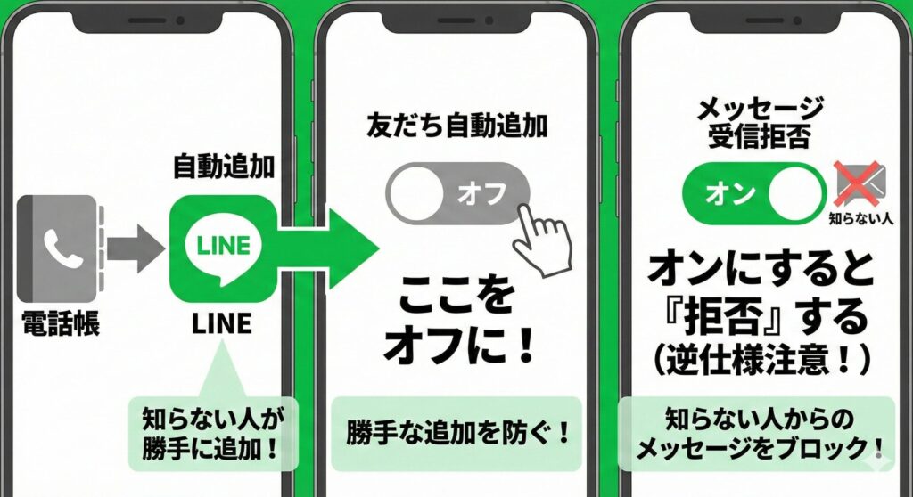 LINEの友だち自動追加オフと知らない人からのメッセージ拒否設定の仕組みを説明した図