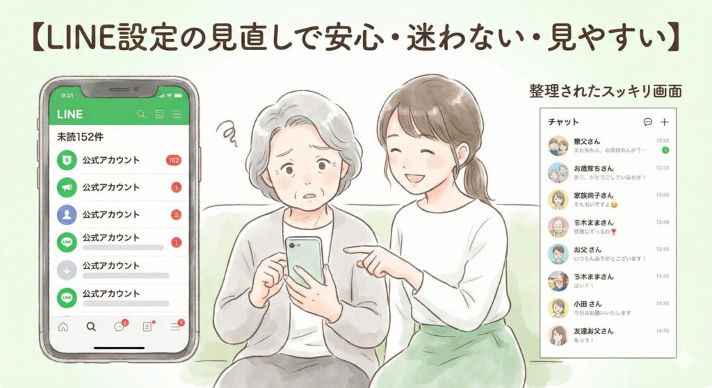 LINEの設定を娘が母と一緒に見直して、通知の多い画面がスッキリ整理される様子を描いたイラスト