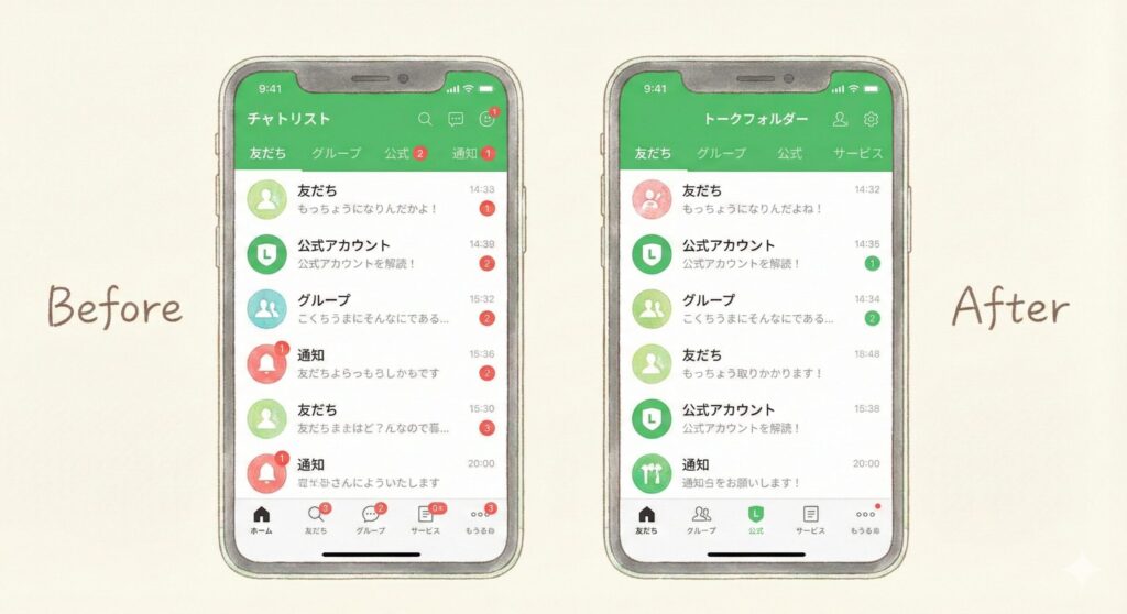 LINEのトークフォルダーでトーク一覧がきれいに分類される Before After の比較図