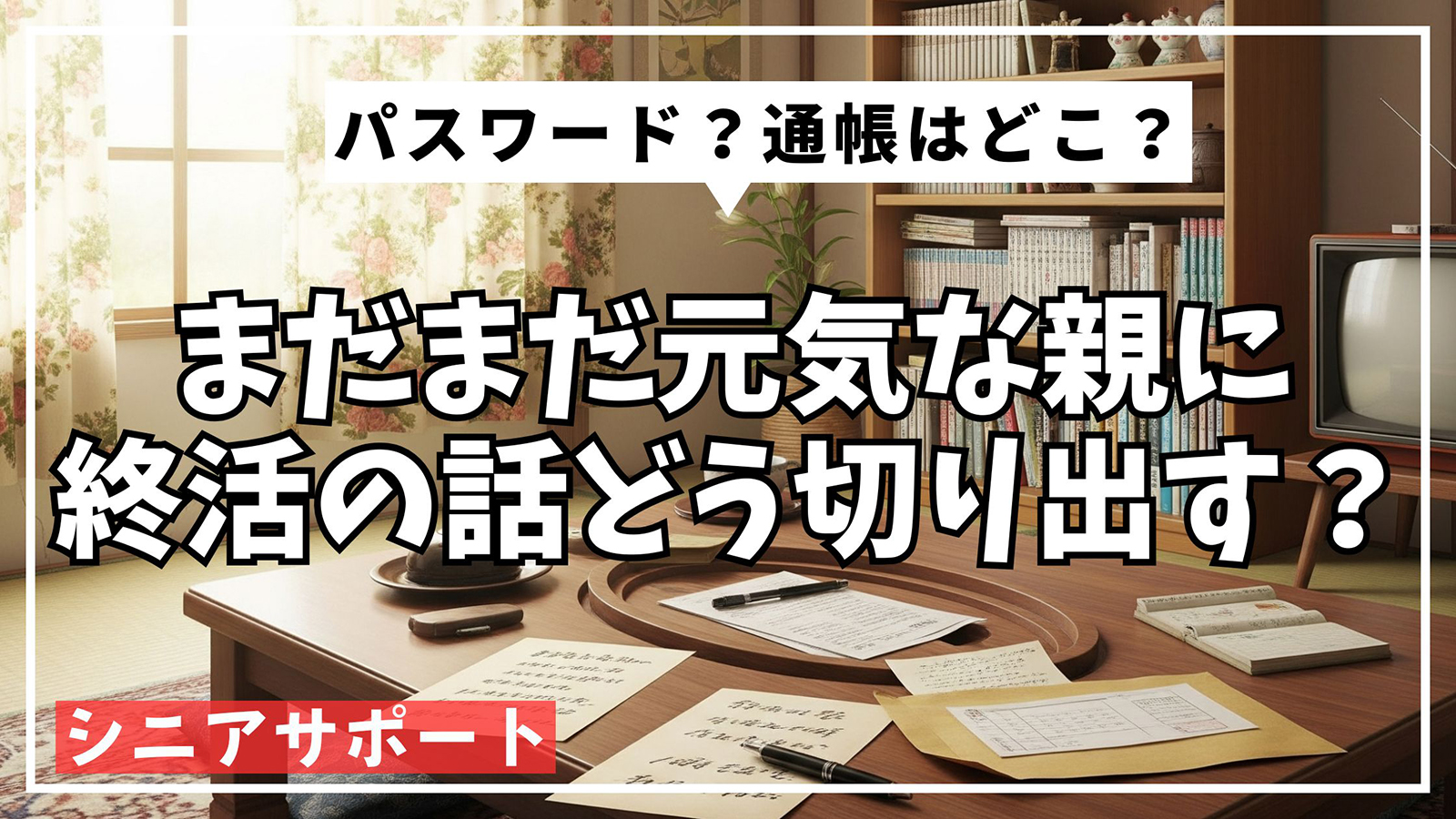 通帳や封筒が置かれた実家のちゃぶ台。親とのお金や終活について、少しずつ話しはじめた日の風景。