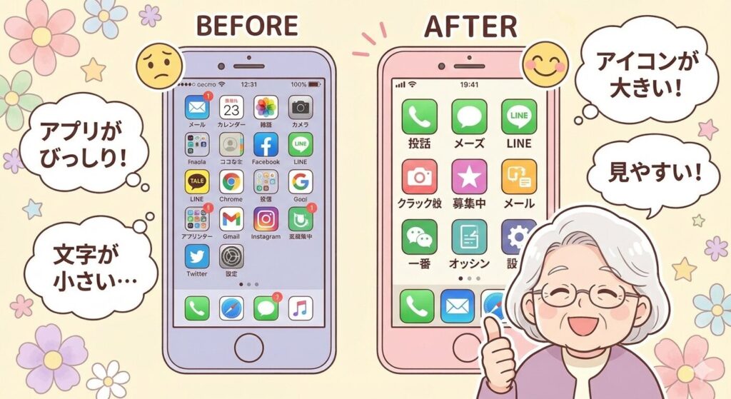 不要アプリ整理前と整理後の高齢者スマホ画面の比較

