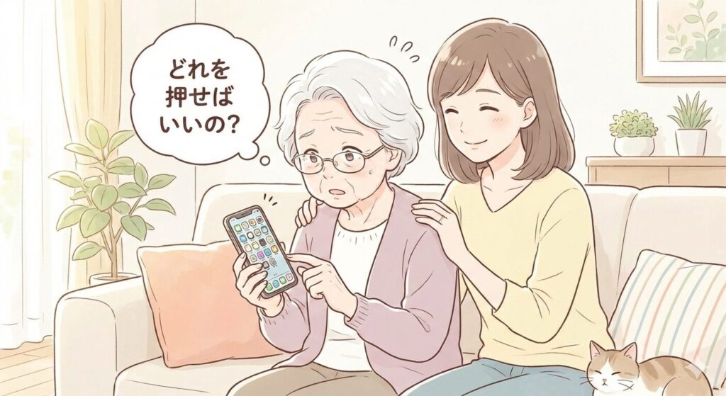 高齢者のスマホに不要なアプリが多く、操作に迷っている様子