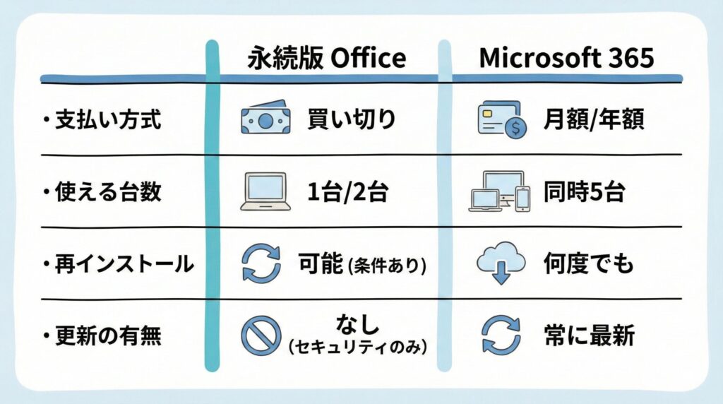 永続版OfficeとMicrosoft 365の比較表