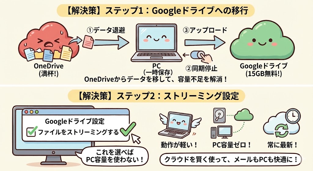 OneDriveからGoogleドライブへのデータ移行手順と、PC容量を圧迫しないGoogleドライブの「ファイルをストリーミングする」設定のメリットを解説した図解。