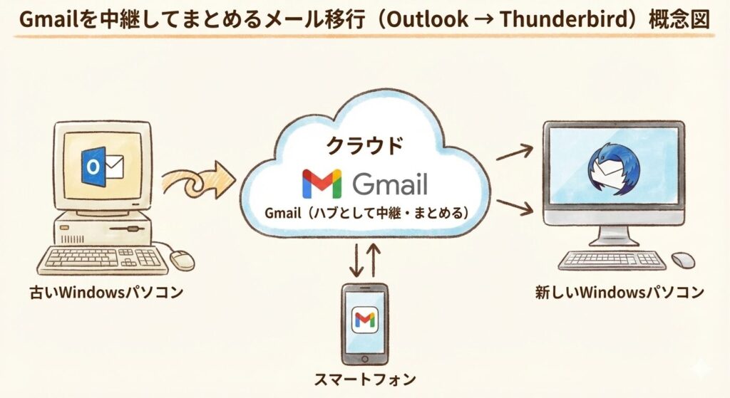 OutlookのメールをGmailに集約しThunderbirdで読む構成図
