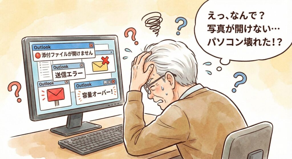 パソコン画面に「添付ファイルが開けません」「送信エラー」「容量オーバー」と表示され、頭を抱えて困惑している高齢男性のイラスト。Outlookのトラブルに直面する様子を表している。