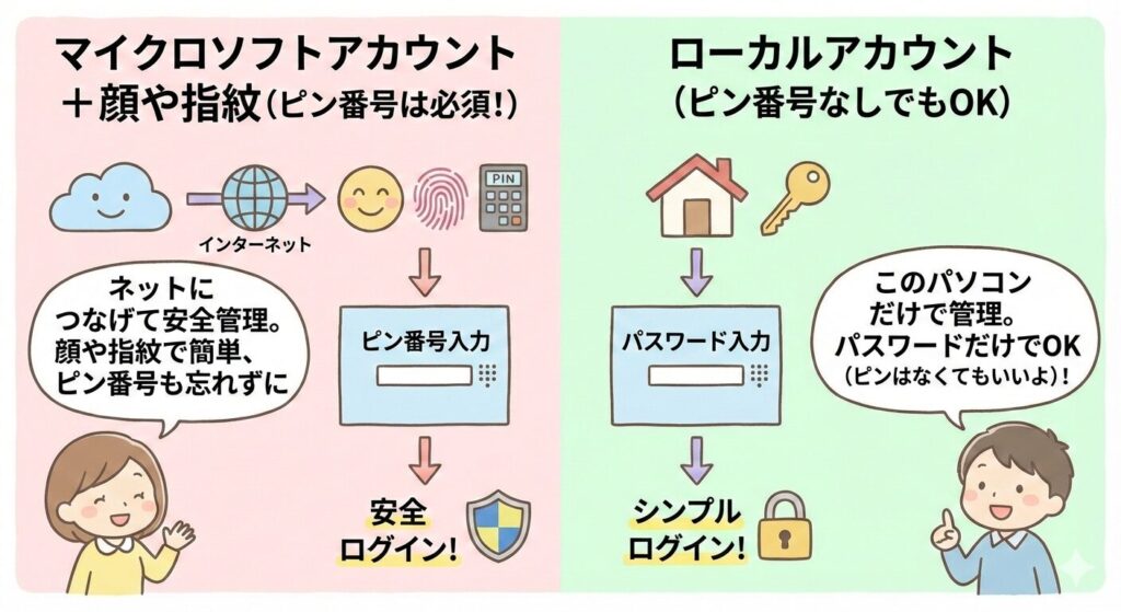 Windows11でPIN入力が求められる理由とログイン方式の違いを説明した図解