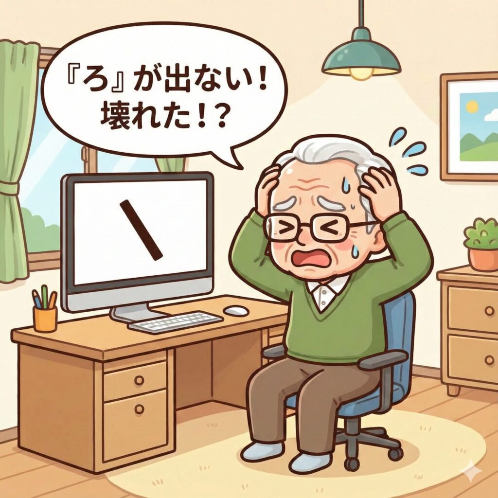「ろ」が打てずパソコンの故障かと焦る高齢男性のイラスト。画面にはバックスラッシュ「\」が表示されている。