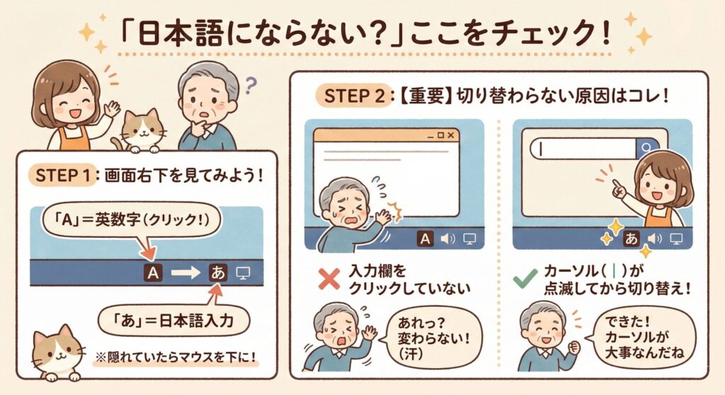 パソコンのIME（日本語入力）の切り替え手順を図解した可愛いイラスト。タスクバーの「A」と「あ」の確認方法と、「入力欄をクリックしてカーソルを点滅させる」という重要ポイントを解説しています。