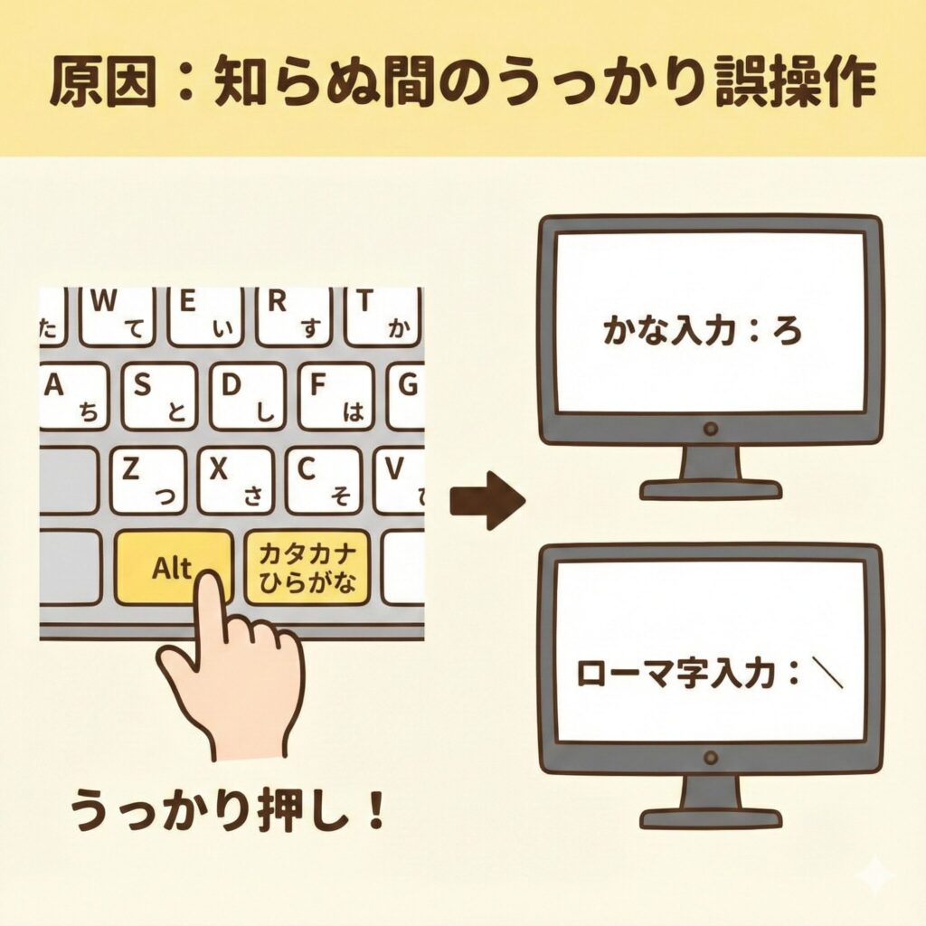 キーボードのAltキーと「カタカナひらがな」キーをうっかり押してしまい、かな入力からローマ字入力に変わってしまう様子を図解したイラスト。