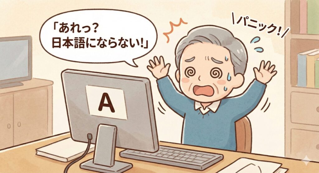 パソコン操作中に「Aがあに変わらない！」と焦ってパニックになっている、高齢男性の可愛いイラスト。日本語入力に苦戦している様子を表しています。