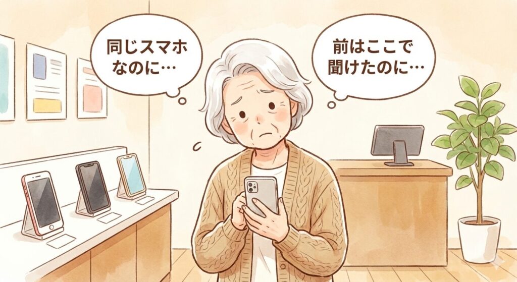 スマホの使い方が分からず困惑する高齢の女性のイラスト
