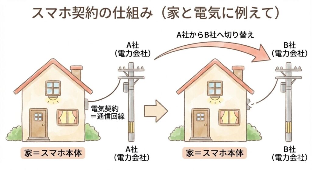 スマホの回線契約を家と電気契約に例えて説明した図解
