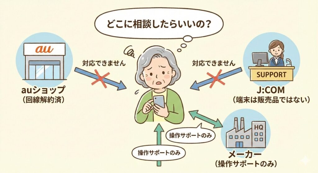 スマホの相談先が分からず、サポートを受けられない高齢者の構造図
