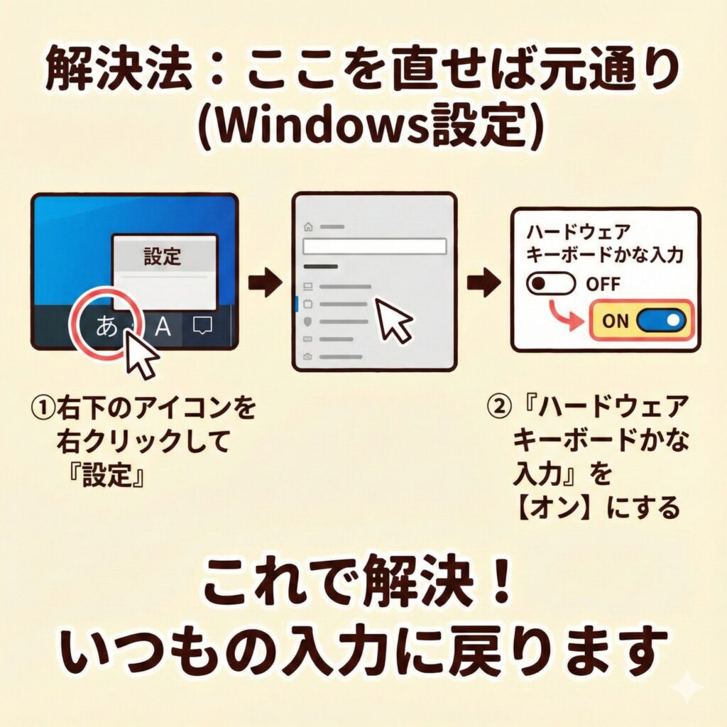 Windowsでローマ字入力からかな入力に戻すための設定手順を図解したイラスト。右下のIMEアイコンから設定を開き、「ハードウェア キーボードかな入力」をオンにする方法。