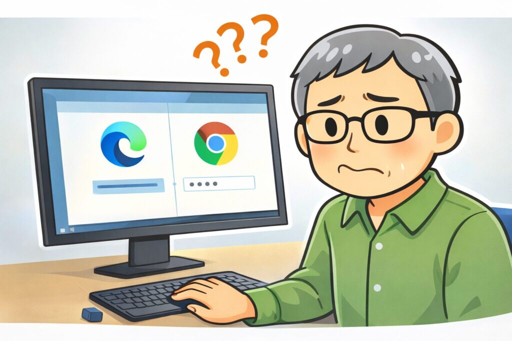 EdgeとChromeの違いに気づかず、既定のブラウザ設定が原因で
パスワードが表示されず困っている様子のイラスト
