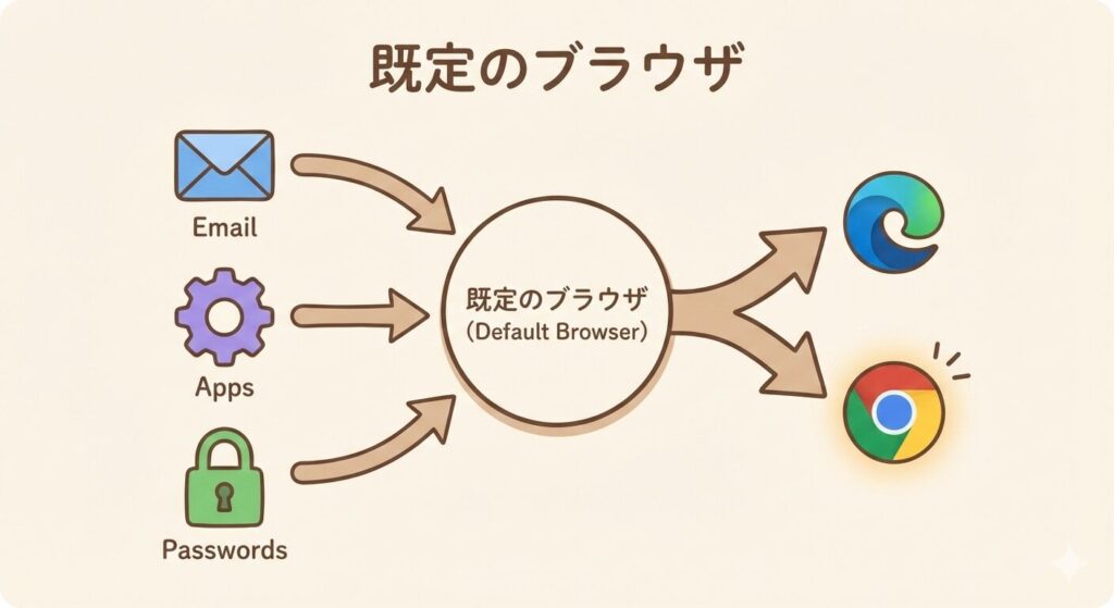 メールやアプリから開いたときに、
Windowsで設定されている既定のブラウザが
自動的に使われる仕組みを表した図解イラスト
