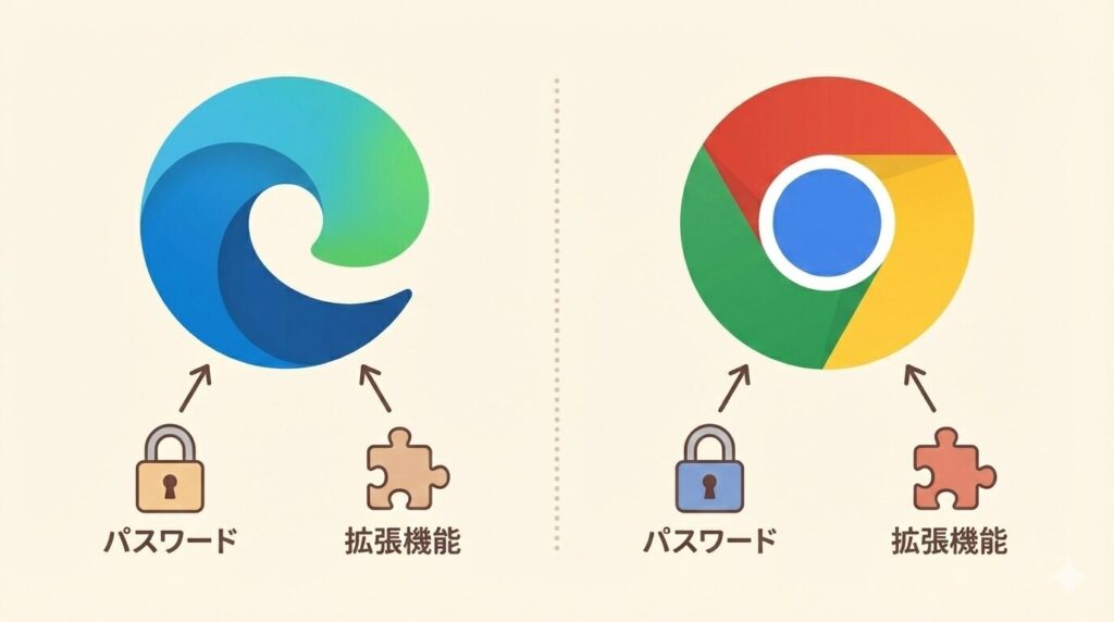 Microsoft EdgeとGoogle Chromeの違いを、
パスワードや拡張機能の管理が別であることを中心に
シンプルに示した図解イラスト
