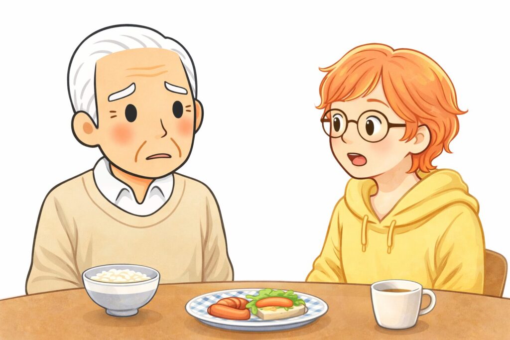朝食のテーブルで外貨預金の話をする高齢の父と50代の娘のイラスト
