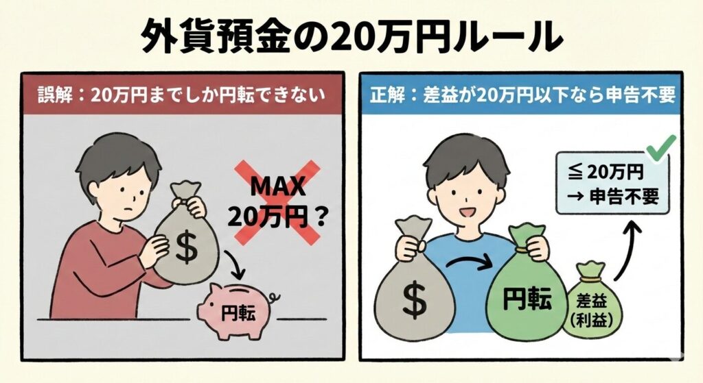 外貨預金の20万円ルールについて誤解と正しい意味を比較した図解
