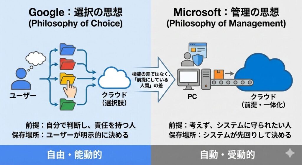 GoogleとMicrosoftのクラウド設計思想の比較図。Googleはユーザーが選択し責任を持つ「自由・能動的」なモデル、Microsoftはシステムが先回りして守る「自動・受動的」なモデルであることを対比して説明。