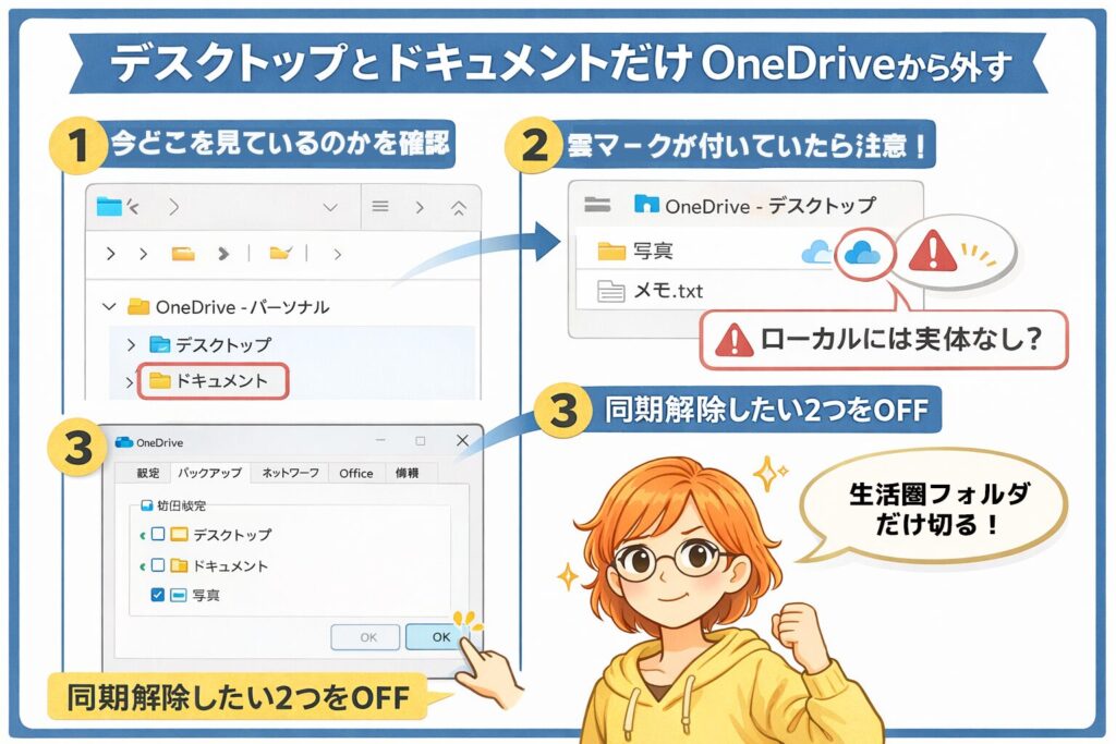 Windows11でOneDriveの同期からデスクトップとドキュメントだけを外す手順を図解で説明したイラスト