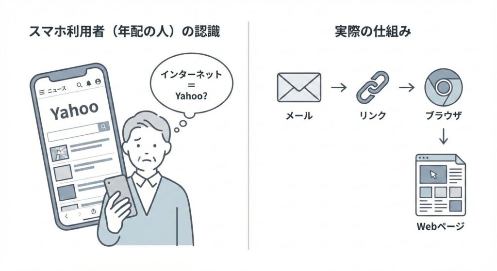 スマホ利用者はYahooを見ているつもりでも、実際にはメールからブラウザを経由してWebページを開いている仕組みを示した図解