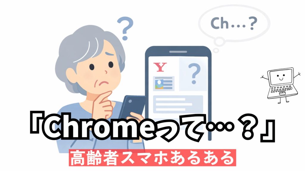 スマホ操作で言葉が通じず戸惑っている年配の利用者を表したイラスト