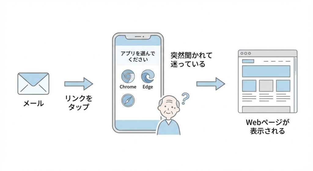 スマホでメールのリンクをタップすると、ブラウザを選ぶ画面を経由してWebページが表示される流れを示した図解