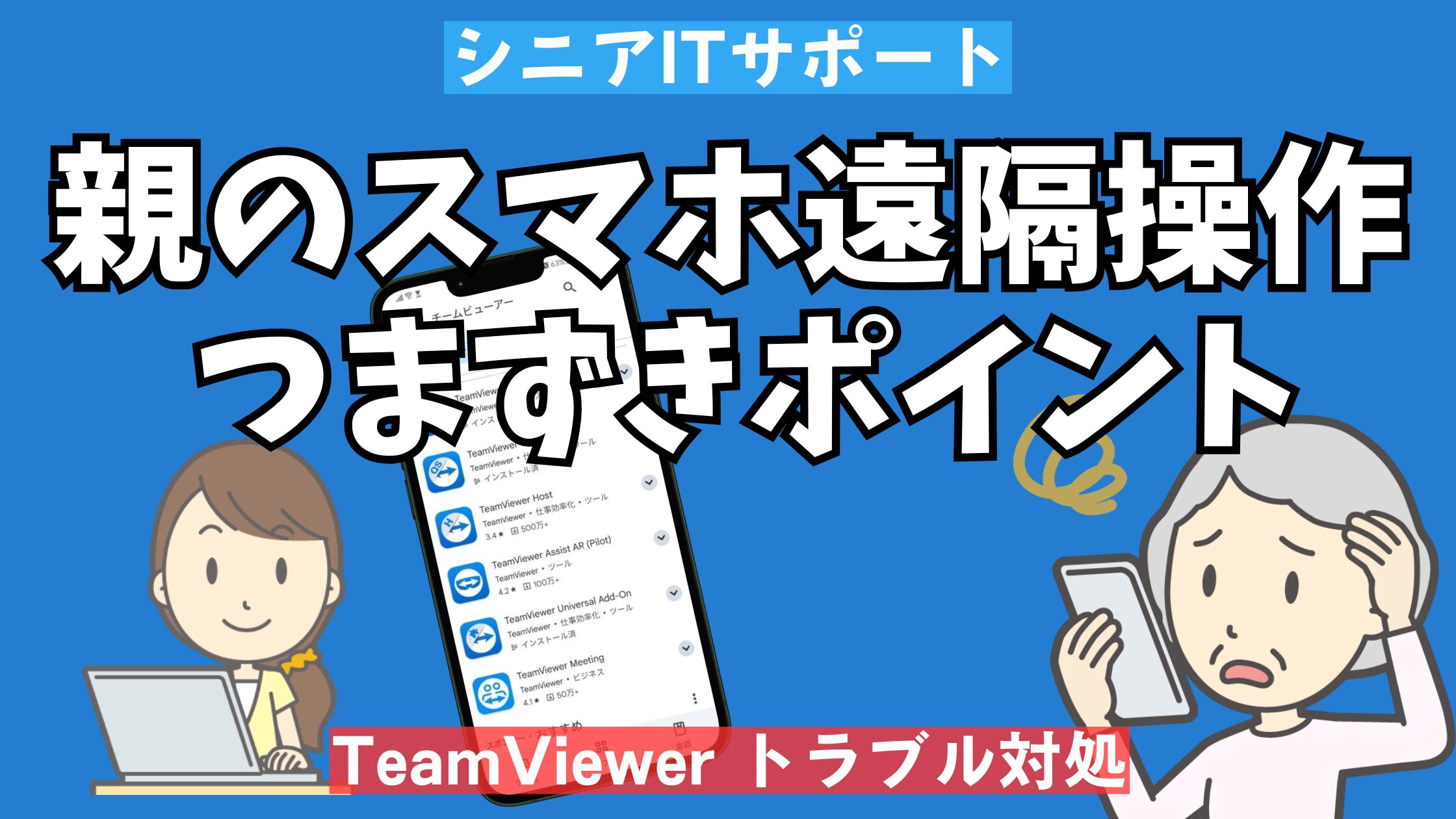 親のAndroidスマホをTeamViewerで遠隔操作するときにつまずきやすいポイントを解説したイメージ