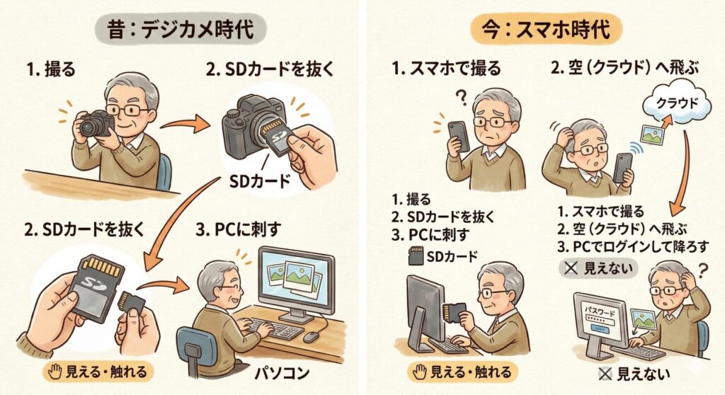 デジカメ時代とスマホ時代の写真取り込み手順を比較した図。昔はデジカメからSDカードを抜きPCに刺す「目に見える」流れ。今はスマホからクラウド（空）へ飛び、PCでログインして降ろす「目に見えない」流れで、混乱しやすいポイントを解説。