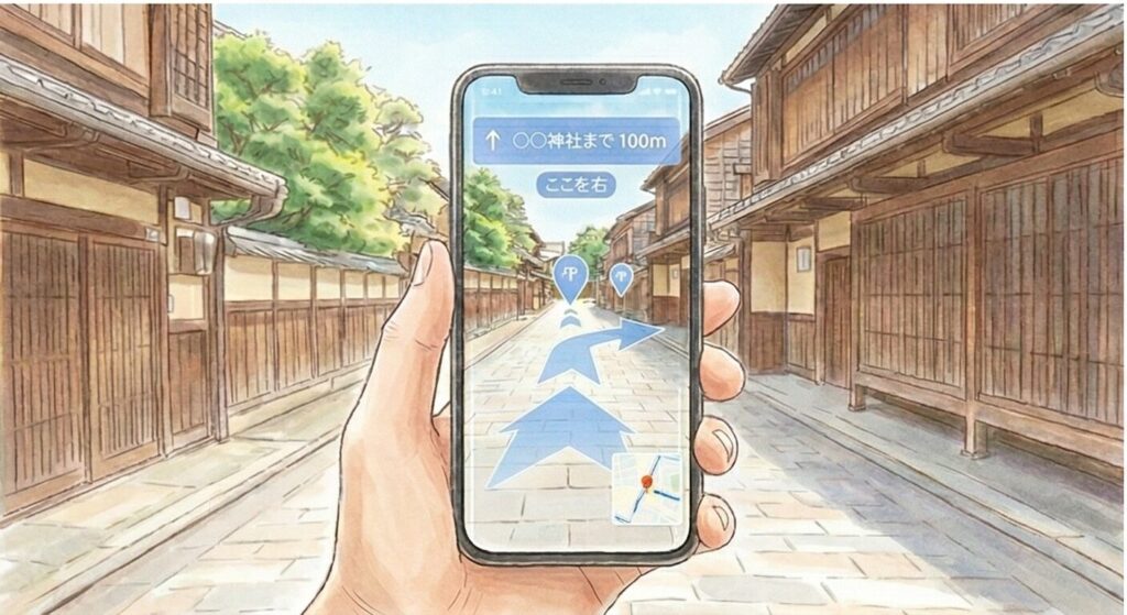 スマホの画面に映し出されたARナビ。実際の街並みに大きな青い矢印が浮かんでいる柔らかなイラスト