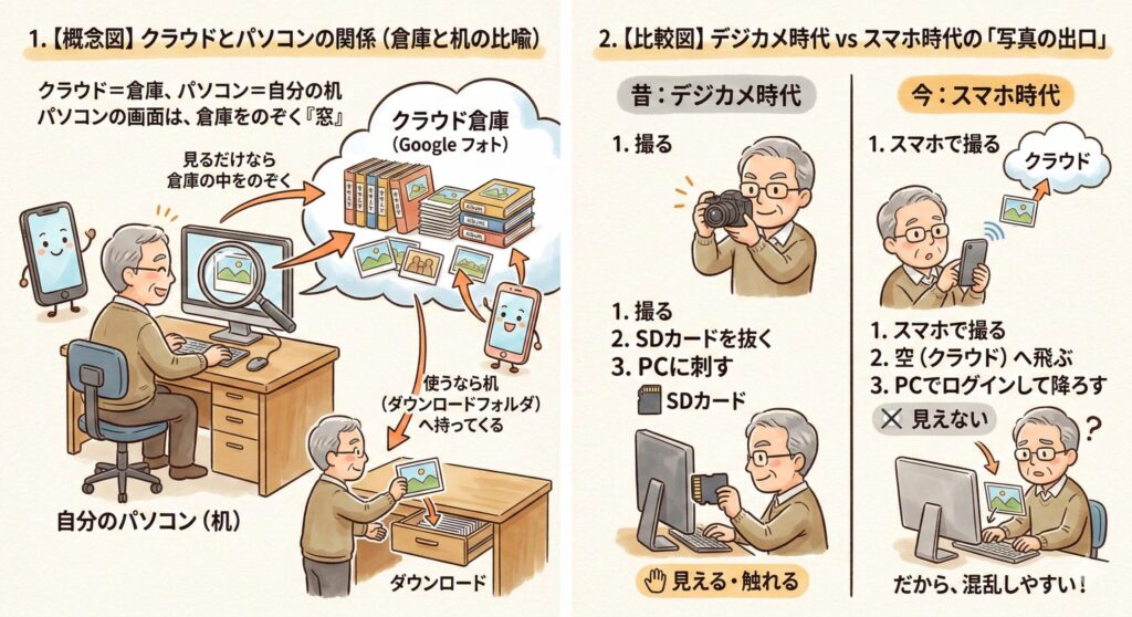 クラウドとパソコンの関係を「倉庫と机」に例えた概念図。雲の中にある写真倉庫を、お父さんがパソコンという窓からのぞいているイラスト。見るだけなら倉庫の中、使うなら手元の机（ダウンロードフォルダ）に持ってくるという違いを解説。