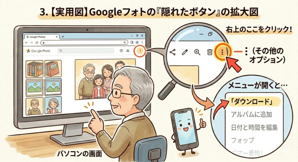 パソコン版Googleフォトの操作画面の図解。右上の「︙（三点リーダー）」アイコンを拡大鏡で強調し、クリックすると「ダウンロード」というメニュー項目が表示される様子を日本語で解説したイラスト。