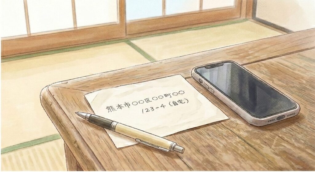 木製テーブルの上に置かれた最新のスマホと、自宅の住所が書かれた手書きのメモ。柔らかな色鉛筆画風