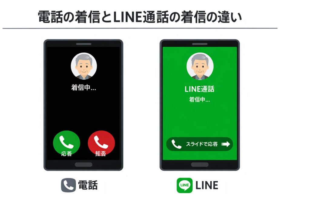通常の電話着信画面とLINE通話着信画面の違いを比較した図。高齢者が混乱しやすい操作の違いを示している