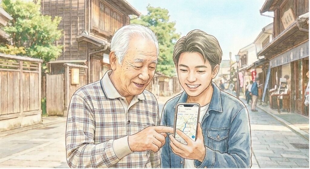 80代の祖父と20代の孫が笑顔でスマートフォンのGoogleマップを見ている、温かい水彩画風のイラスト