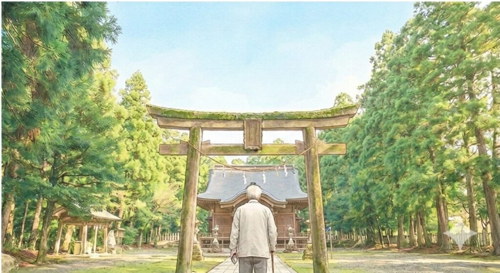 豊かな緑に囲まれた神社の鳥居をくぐり、一人で歩いていく80代男性の後ろ姿。安心感のある水彩画風
