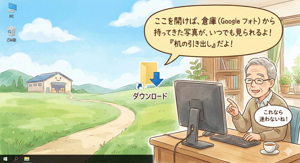 Windowsのデスクトップ画面をクローズアップしたイラスト。中央に「ダウンロード」フォルダのショートカットがあり、そこから吹き出しで「ここを開けば、倉庫（Google フォト）から持ってきた写真が、いつでも見られるよ！『机の引き出し』だよ！」と日本語で書かれている。お父さんが安心した表情で見ている。