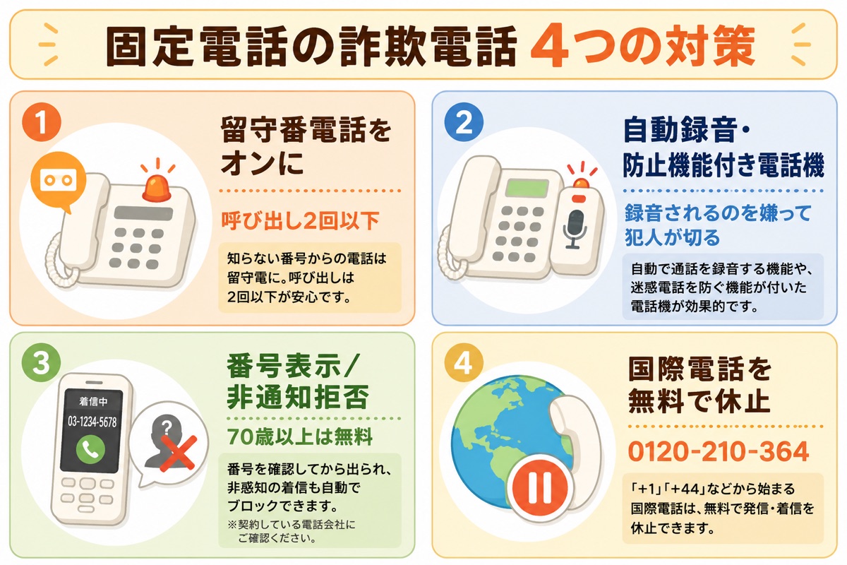 固定電話の詐欺電話への4つの対策(留守番電話・録音機・番号表示・国際電話の休止)