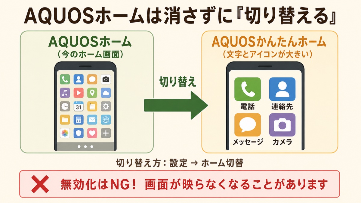 AQUOSホームは無効化せず別のホームに切り替える手順の図解