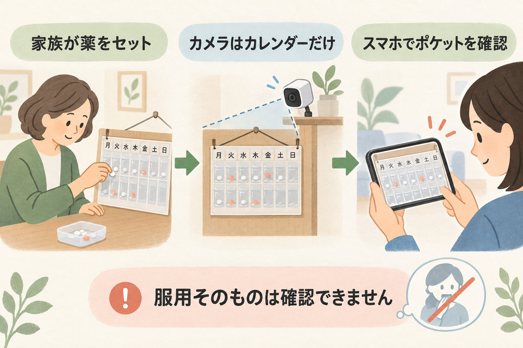 家族が薬をセットし、カメラでお薬カレンダーだけを映し、離れた家族がスマホでポケットを確認する流れ。カメラでは服用そのものは確認できません。