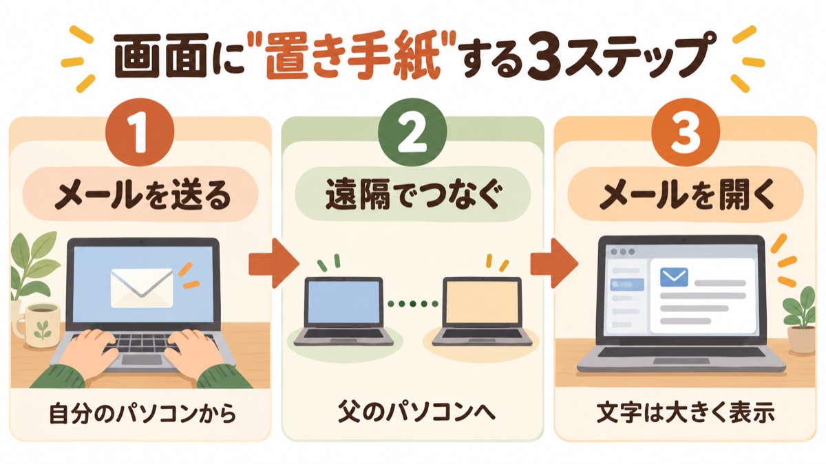 画面に置き手紙する3ステップ（1メールを送る 2遠隔でつなぐ 3メールを開く）