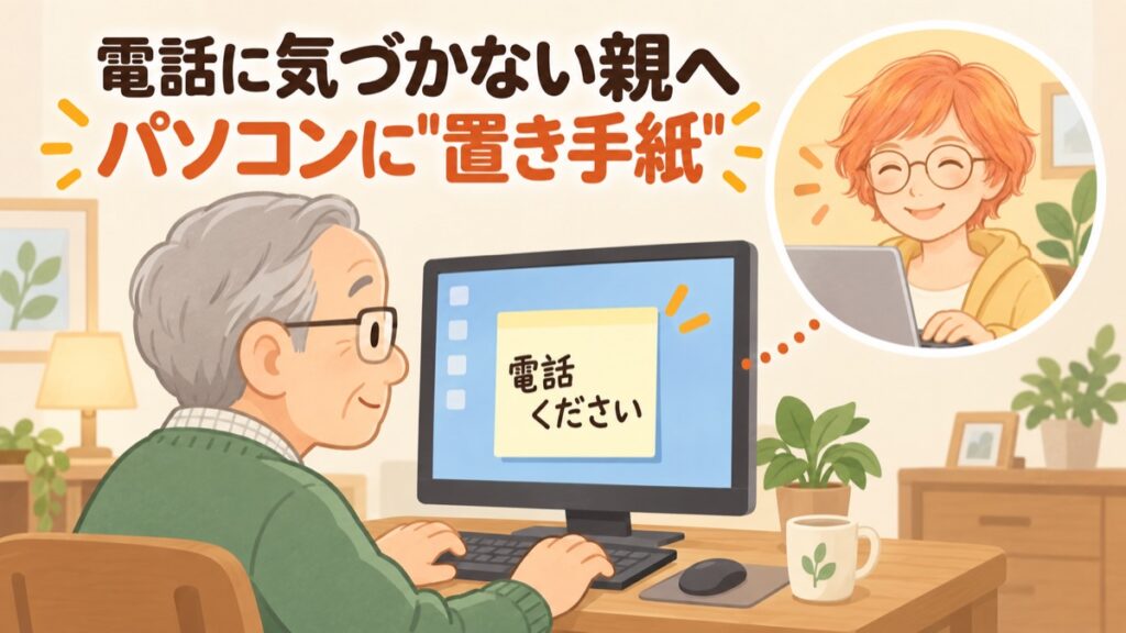 高齢の父のパソコン画面に「電話ください」のメモを表示している様子