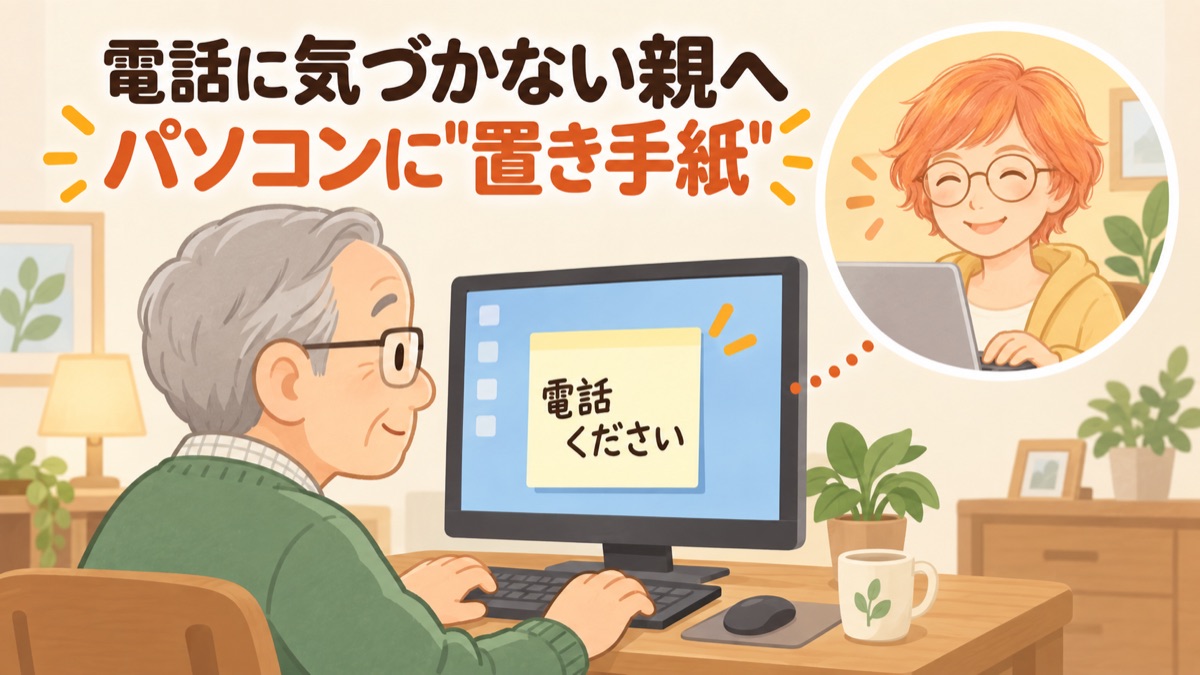 高齢の父のパソコン画面に「電話ください」のメモを表示している様子