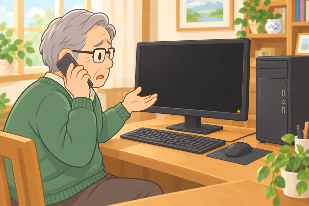 真っ暗なモニターを前に、困った表情で娘に電話をかける父のイメージ