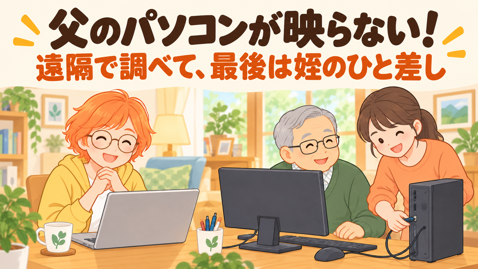 父のパソコンが映らない! 遠隔で調べて、最後は姪のひと差し。離れた場所の娘と、実家の父を手伝う姪のイラスト
